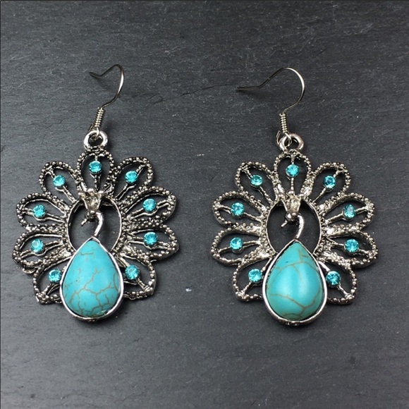 Peacock Drop Earrings Boho Fake Turquoise - Picture 8 of 8